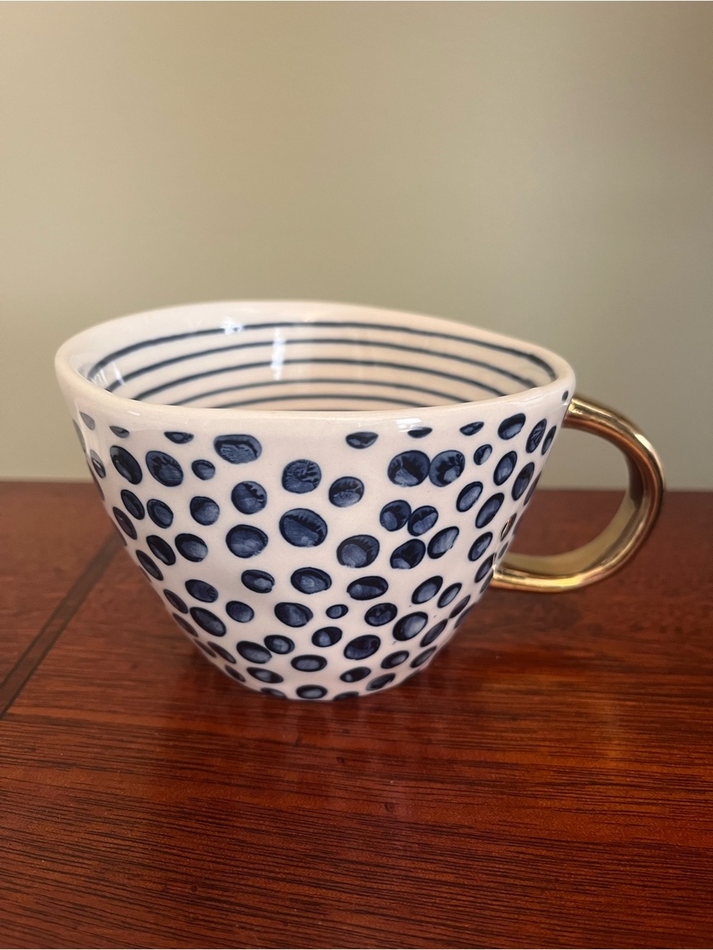 The Old Pottery Company Blue Polka Dot & Stripe Assymetrical Gold Handle Cup Mug